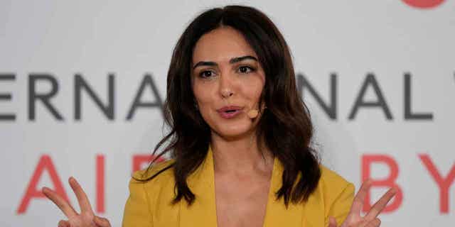 Actor Nazanin Boniadi talks during International Women's Day in Abu Dhabi, United Arab Emirates, on March 8, 2023. Boniadi is urging the world to back the protests in Iran calling for women's rights and political change.