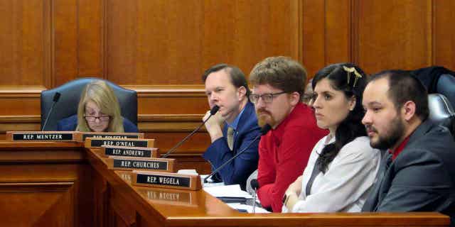 Democratic state Reps., from left, Denise Mentzer, Matt Koleszar, Joey Andrews, Jaime Churches, and Dylan Wegela, listen during a House Labor Committee meeting on March 8, 2023, in Lansing, Michigan, on repealing the state's right-to-work law.