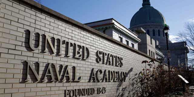 An entrance to the U.S. Naval Academy campus in Annapolis, Maryland, is seen on Jan. 9, 2014. Reported sexual assaults at military academies in the United States shot up during the 2021-22 school year.