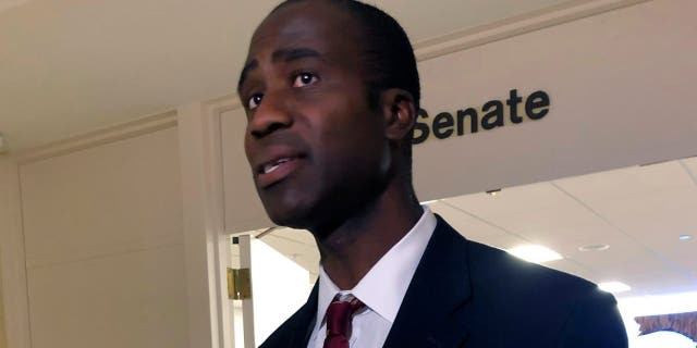 Dr. Joseph Ladapo speaks with reporters after the Florida Senate confirmed his appointment as the state's surgeon general on Feb. 23, 2022, in Tallahassee, Fla. 