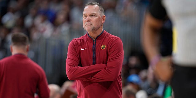 Nuggets head coach Michael Malone during a Brooklyn Nets game, Sunday, March 12, 2023, in Denver.
