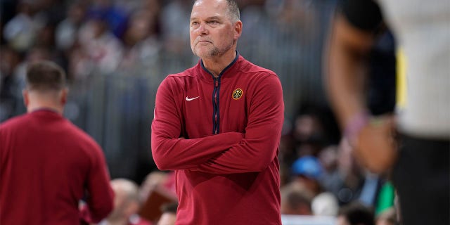 Nuggets head coach Michael Malone during the Brooklyn Nets game, Sunday, March 12, 2023, in Denver.