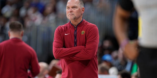 Nuggets head coach Michael Malone during a Brooklyn Nets game, Sunday, March 12, 2023, in Denver.