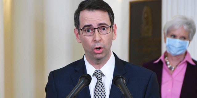 Roy McGrath, former chief executive officer of the Maryland Environmental Service, speaks during a news conference at the State House in Annapolis, Md., on April 15, 2020. A federal judge issued an arrest warrant for McGrath, the one-time aide to former Maryland Gov. Larry Hogan, after McGrath failed to appear in court as his trial on federal fraud charges was set to begin. 