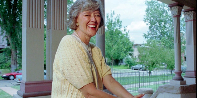 FILE - U.S. Rep. Pat Schroeder, D-Colo., sits on the porch outside her Capitol Hill headquarters in Denver on July 18, 1994. 