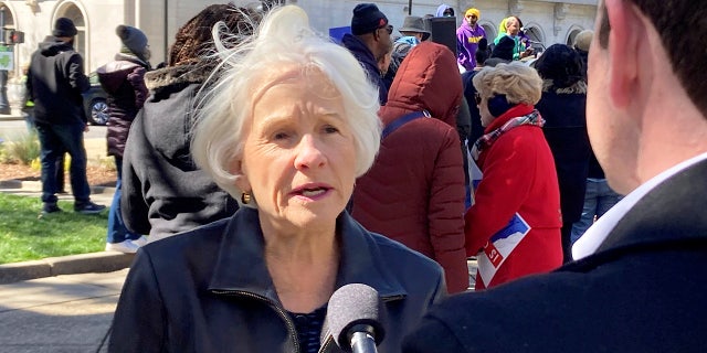 Rebecca Harper, the lead named plaintiff in litigation challenging North Carolina legislative and congressional maps, speaks to reporters on Union Square in downtown Raleigh, N.C., on March 14, 2023.