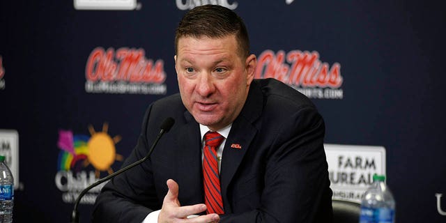 Chris Beard speaks at a news conference after being introduced as Mississippi's new head basketball coach on March 14, 2023 in Oxford, Miss. 