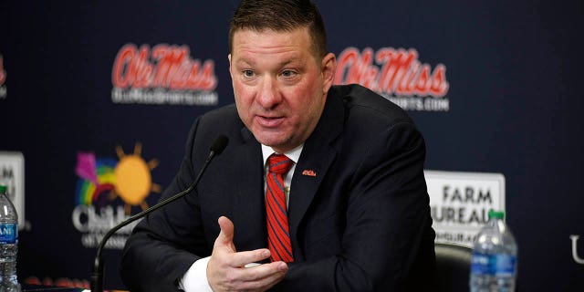 Chris Beard speaks at a press conference after being introduced as the new Mississippi head basketball coach March 14, 2023, in Oxford, Miss.