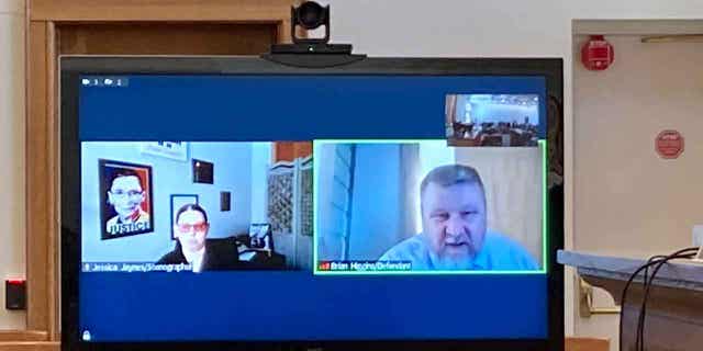 Brian Higgins of Wisconsin Dells testifies by video linkup in Michigan's Antrim County Circuit Court in Bellaire, Michigan, on March 15, 2023, as he pleads guilty in relation to the plot to kidnap Michigan Gov. Gretchen Whitmer. 