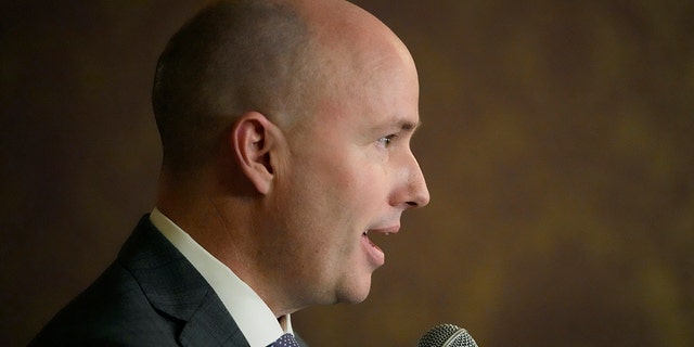 FILE - Utah Gov.  Spencer Cox speaks during a news conference at the state Capitol on Friday, March 3, 2023, in Salt Lake City. 