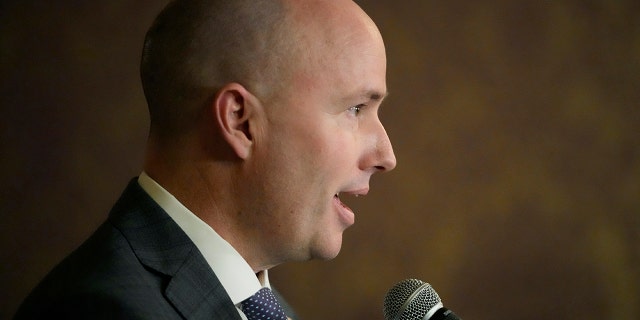 FILE - Utah Gov.  Spencer Cox speaks during a news conference at the state Capitol on Friday, March 3, 2023, in Salt Lake City. 