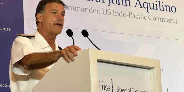 Admiral John Aquilino delivers a speech in Singapore on March 16, 2023. Aquilino said that Washington does not seek to contain China, but it would take action to support the Indo-Pacific region against bullying by authoritarian regimes.