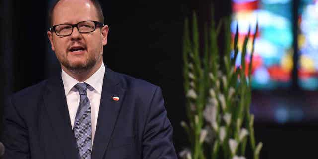 Gdansk Mayor Pavel Adamowicz speaks at a memorial service for the late Bremen Mayor Hans Kosnik in Bremen, Germany, May 4, 2016.  On March 16, 2023, a Polish court sentenced Stefan Wilmont to life imprisonment for fatally stabbing Adamowicz.