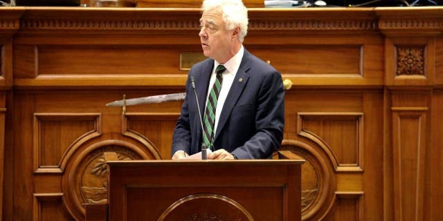 South Carolina Sen. Larry Grooms, R-Bonneau, introduces as resolution to call for the governor to remove state Comptroller General Richard Eckstrom from office if the House and Senate approve with a two-thirds vote on Thursday, March, 16, 2023 in Columbia, S.C. Eckstrom admitted his office made a $3.5 billion accounting error over a decade.