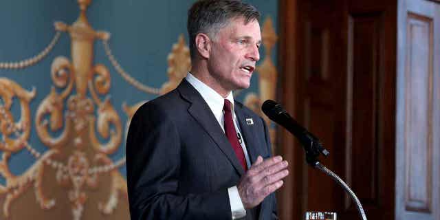 Wyoming Gov. Mark Gordon gives the State of the State address to the Wyoming Legislature on March 2, 2021. On March 17, 2023, Gordon signed a bill prohibiting abortion pills in the state.