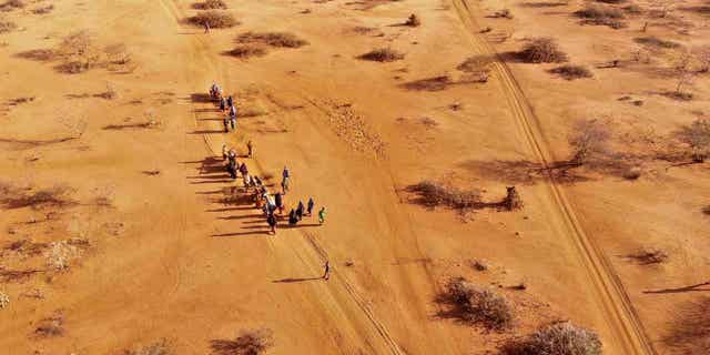 La gente llega a un campamento para desplazados en las afueras de Dolo, Somalia, el 21 de septiembre de 2022, en medio de la sequía. 