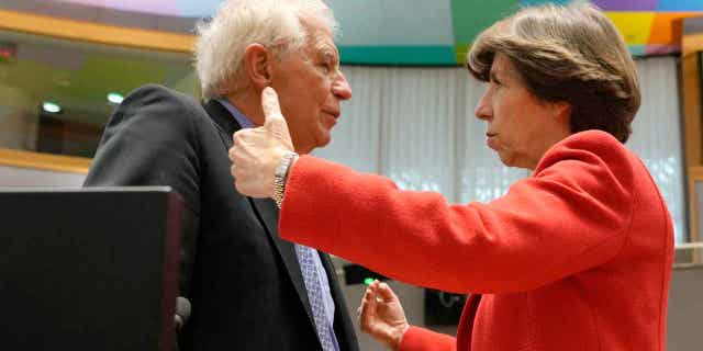 European Union foreign policy chief Josep Borrell, left, speaks with Frances Foreign Minister Catherine Colonna during a meeting of EU foreign ministers in Brussels on March 20, 2023. Colonna announced that hopes Sweden and Finland's NATO bids will be "ratified quickly."