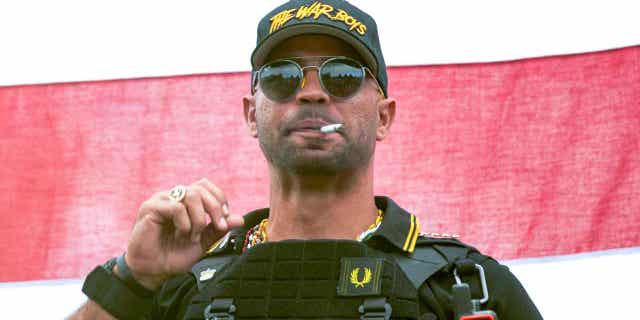Proud Boys leader Henry "Enrique" Tarrio is pictured at a rally in Portland, Oregon, on Sept. 26, 2020. Federal prosecutors have rested their seditious conspiracy case against Tarrio and four other members of the Proud Boys.