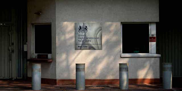 A deserted entrance to the British High Commission in New Delhi is pictured on March 22, 2023. Supporters of the Khalistan movement for an independent Sikh state pulled down the Indian flag at the country’s high commission in London in a protest against the move to arrest separatist leader Amritpal Singh. India’s police have been searching for Singh since Saturday.