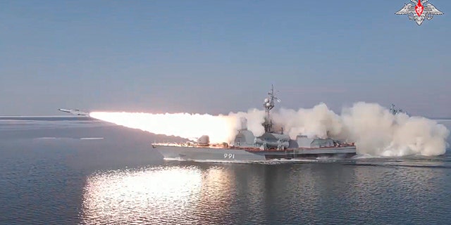 In this photo made from video provided by the Russian Defense Ministry Press Service on Tuesday, March 28, 2023, a Russian navy boat launches an anti-ship missile test in the Peter The Great Gulf in the Sea of Japan. 