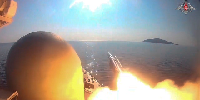 In this photo made from video provided by the Russian Defense Ministry Press Service on Tuesday, March 28, 2023, a Russian navy boat launches an anti-ship missile test in the Peter The Great Gulf in the Sea of Japan. 