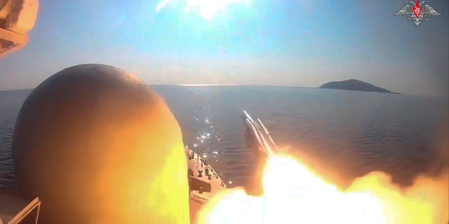 In this photo made from video provided by the Russian Defense Ministry Press Service on Tuesday, March 28, 2023, a Russian navy boat launches an anti-ship missile test in the Peter The Great Gulf in the Sea of Japan. 