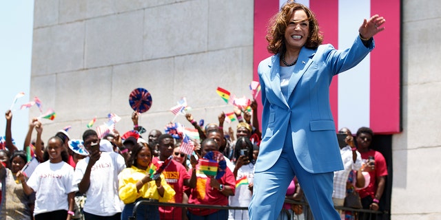 U.S. Vice President Kamala Harris waves as she arrives at Black Star square to address the youth in Accra, Ghana, Tuesday, March 28, 2023. 