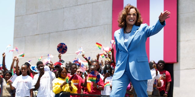 U.S. Vice President Kamala Harris waves as she arrives at Black Star square to address the youth in Accra, Ghana, Tuesday, March 28, 2023. 