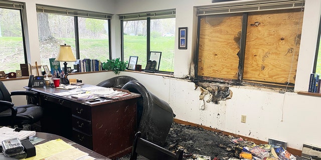 Damage is seen in the interior of Madison's Wisconsin Family Action headquarters in Madison, Wisconsin, May 8, 2022. Hridindu Sankar Roychowdhury at was arrested at Boston's Logan International Airport on Tuesday.