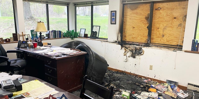 Damage is seen in the interior of Madison's Wisconsin Family Action headquarters in Madison, Wisconsin, May 8, 2022. Hridindu Sankar Roychowdhury at was arrested at Boston's Logan International Airport on Tuesday.