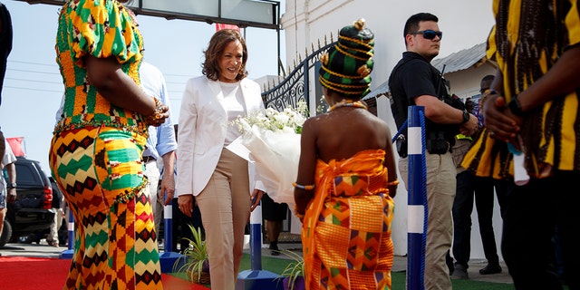 U.S. Vice President Kamala Harris arrives at Cape Coast Castle in Ghana, Tuesday, March 28, 2023. 