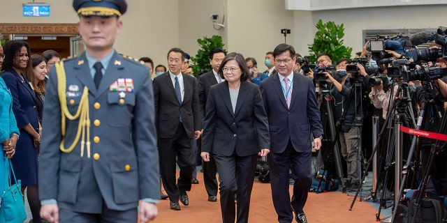 Taiwan's President Tsai Ing-wen prepares to depart on an overseas trip at Taoyuan International Airport in Taipei, Taiwan, Wednesday, March 29, 2023. 