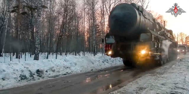 This photo, taken from video provided by the Russian Defense Ministry's press service on Wednesday, March 29, 2023, shows a Russian Armed Forces Yars missile launcher deployed at an undisclosed location in Russia.