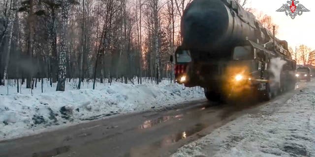 This photo, taken from video provided by the Russian Defense Ministry's press service on Wednesday, March 29, 2023, shows a Russian Armed Forces Yars missile launcher deployed at an undisclosed location in Russia.