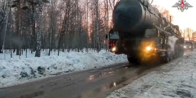 This photo made from video provided by the Russian Defense Ministry Press Service on Wednesday, March 29, 2023, shows a Yars missile launcher of the Russian armed forces being driven in an undisclosed location in Russia.