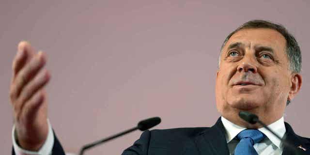 Bosnian Serb leader Milorad Dodik speaks in the Bosnian town of Banja Luka, Sarajevo, on Oct. 3, 2022. U.S. Secretary of State Antony Blinken has compared the policies of Dodik to those of Vladimir Putin.