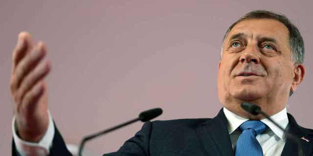 Bosnian Serb leader Milorad Dodik speaks in the Bosnian town of Banja Luka, Sarajevo, on Oct. 3, 2022. U.S. Secretary of State Antony Blinken has compared the policies of Dodik to those of Vladimir Putin.
