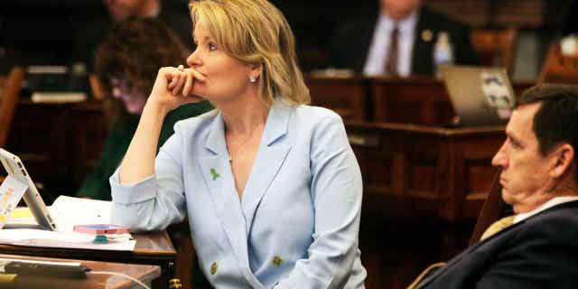 Kansas state Sen. Cindy Holscher is pictured in the Kansas Senate on March 29, 2023, at the Statehouse in Topeka. Holscher is a vocal supporter of the bill aimed at making it easier for people who were sexually abused in childhood to pursue criminal charges or lawsuits over their abuse decades later.