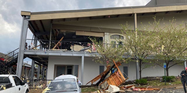 A building is damaged after a severe storm swept through Little Rock, Ark., Friday, March 31, 2023.