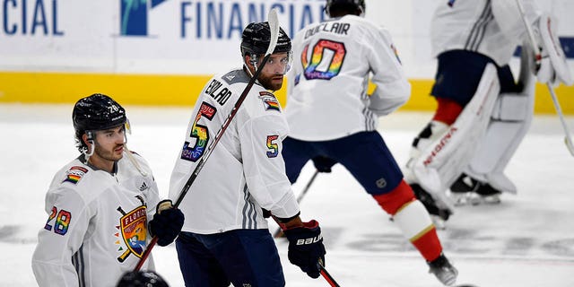 Florida Panthers defenseman Aaron Ekblad, #5, warm up while wearing a Pride Night jersey before playing the Toronto Maple Leafs, Thursday, March 23, 2023, in Sunrise, Florida.