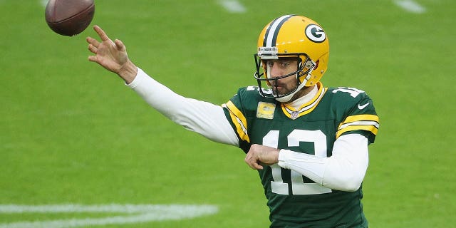 Aaron Rodgers, #12 of the Green Bay Packers, passes against the Jacksonville Jaguars at Lambeau Field on Nov. 15, 2020 in Green Bay, Wisconsin.
