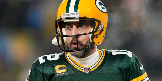 Green Bay Packers number 12 Aaron Rodgers warms up before a game against the Detroit Lions at Lambeau Field on January 8, 2023 in Green Bay, Wisconsin.