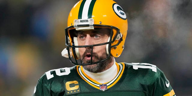 Green Bay Packers number 12 Aaron Rodgers warms up before a game against the Detroit Lions at Lambeau Field on January 8, 2023 in Green Bay, Wisconsin.