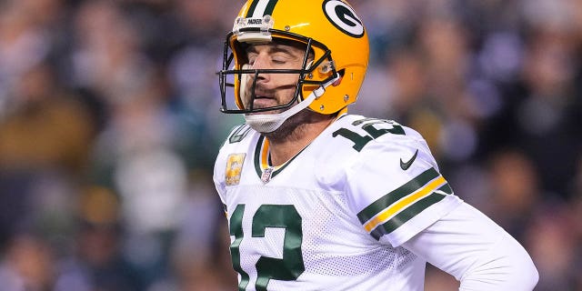 Aaron Rodgers, #12 of the Green Bay Packers, reacts after throwing an incompletion pass during the first quarter against the Philadelphia Eagles at Lincoln Financial Field on November 27, 2022 in Philadelphia.