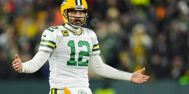 Aaron Rodgers, #12 of the Green Bay Packers, reacts against the Tennessee Titans at Lambeau on November 17, 2022 in Green Bay, Wisconsin.