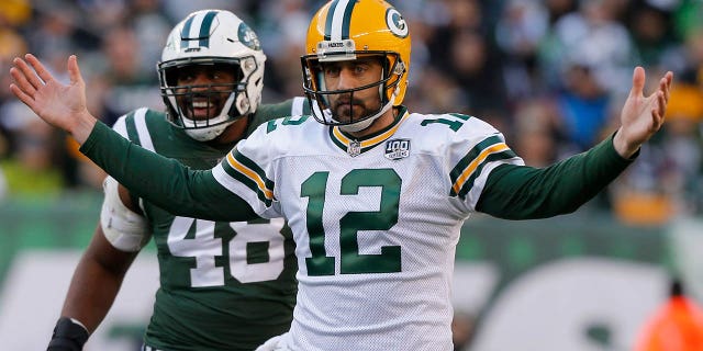 Aaron Rodgers, #12 of the Green Bay Packers, in action against the New York Jets on Dec. 23, 2018 at MetLife Stadium in East Rutherford, New Jersey.