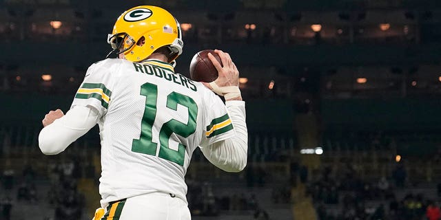 Aaron Rodgers, #12 of the Green Bay Packers, warms up prior to the game against the Tennessee Titans at Lambeau Field on Nov. 17, 2022 in Green Bay, Wisconsin.