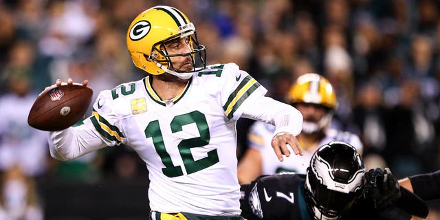 Aaron Rodgers, #12 of the Green Bay Packers, throws a pass during the first quarter of an NFL football game against the Philadelphia Eagles at Lincoln Financial Field on Nov. 27, 2022 in Philadelphia.