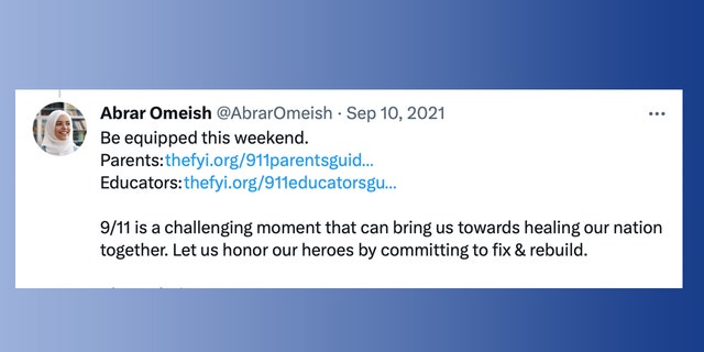 Abrar Omeish tweets in support of curriculum guide for teachers' lesson plans in Fairfax on the day before 9/11.