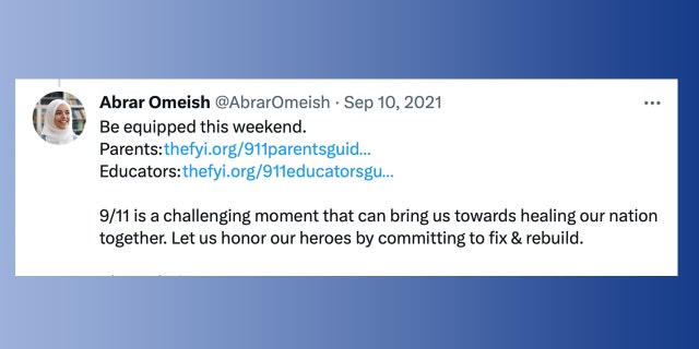 Abrar Omeish tweets in support of curriculum guide for teachers' lesson plans in Fairfax on the day before 9/11.